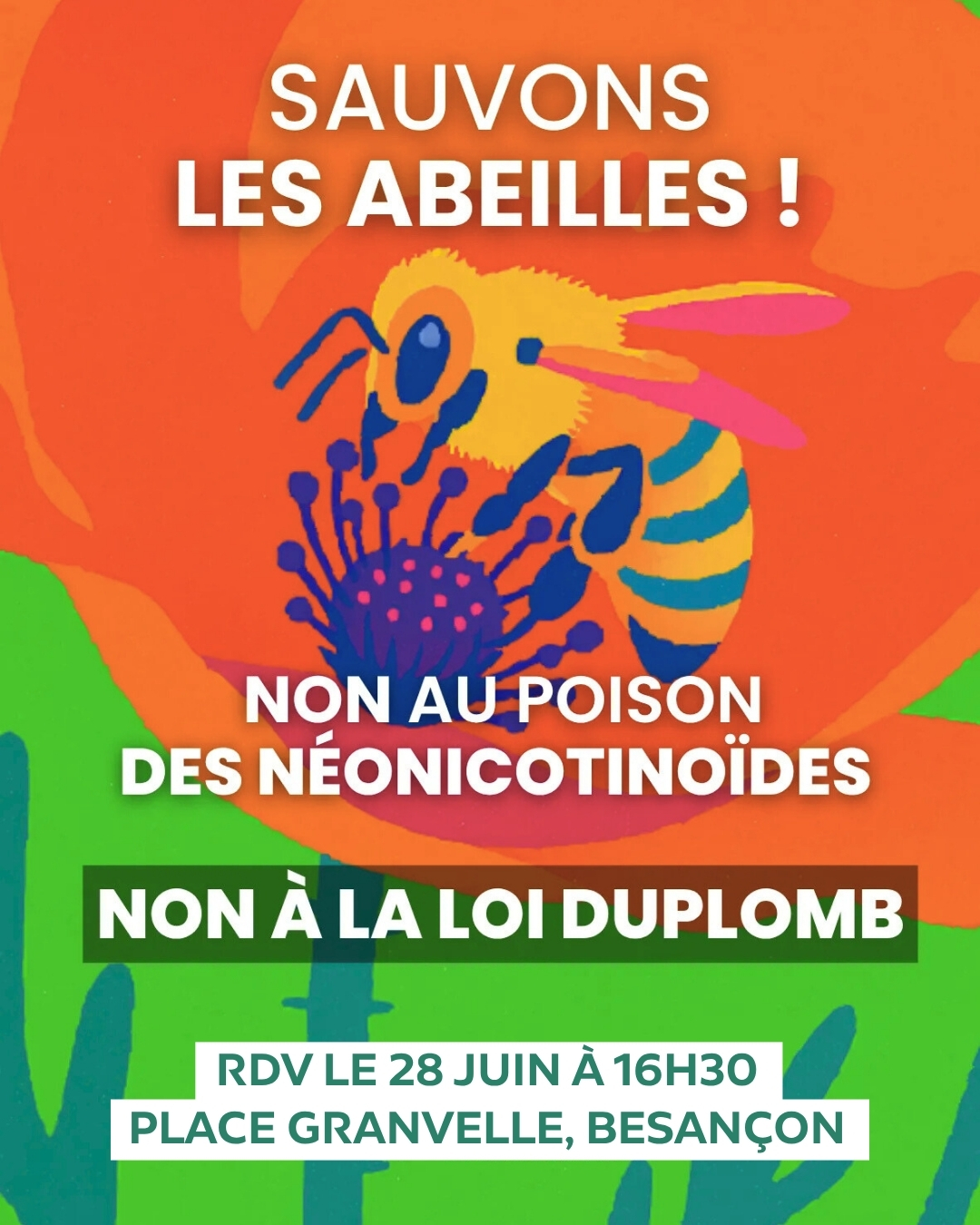 Sauvons les abeilles, dites non à la loi Duplomb. Rendez-vous samedi 28 juin à 16h30 Place Granvelle à Besançon